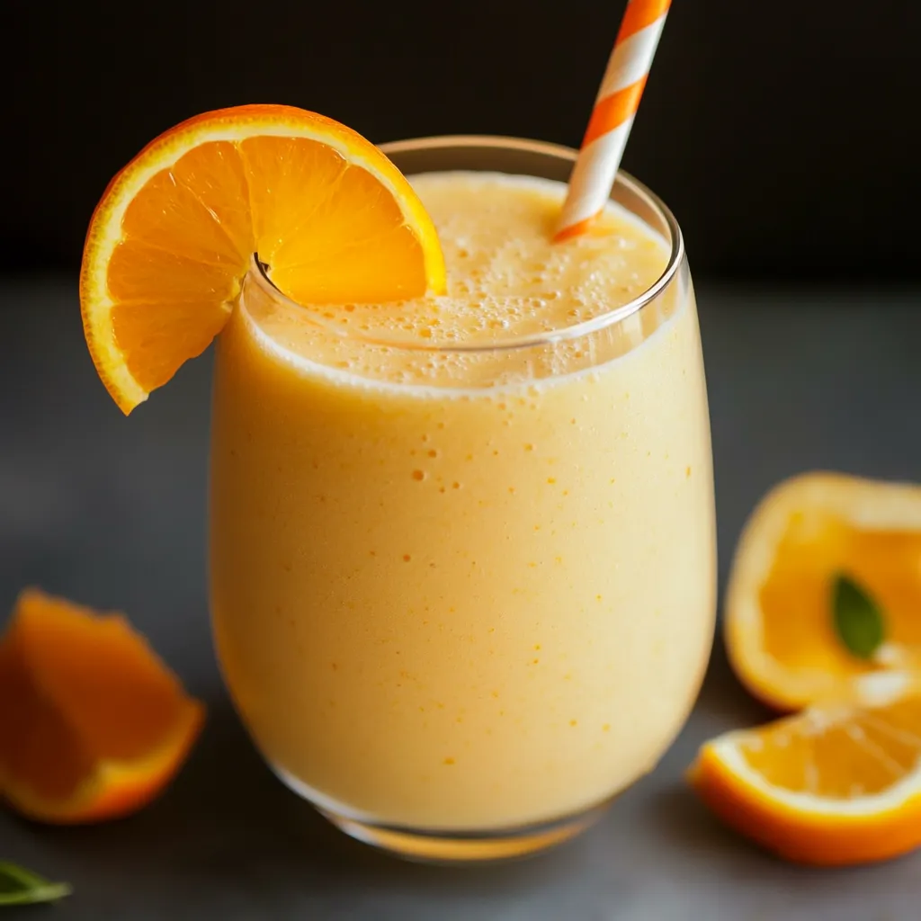 A glass of orange juice with a straw in it.