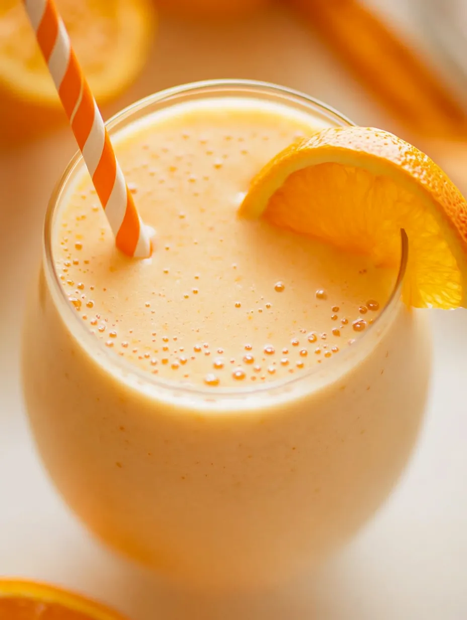 A glass of orange smoothie with a slice of orange on top.