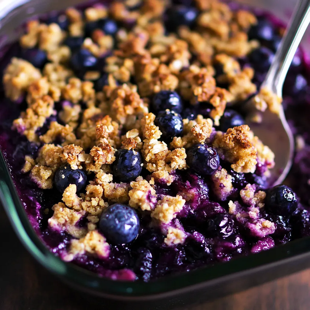 A bowl of blueberry crisp with a spoon in it.
