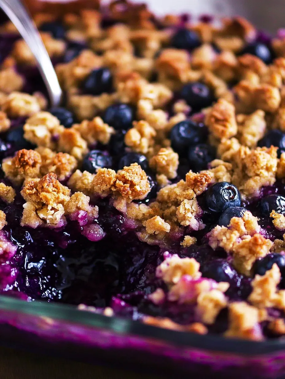 A close up of a blueberry crisp.