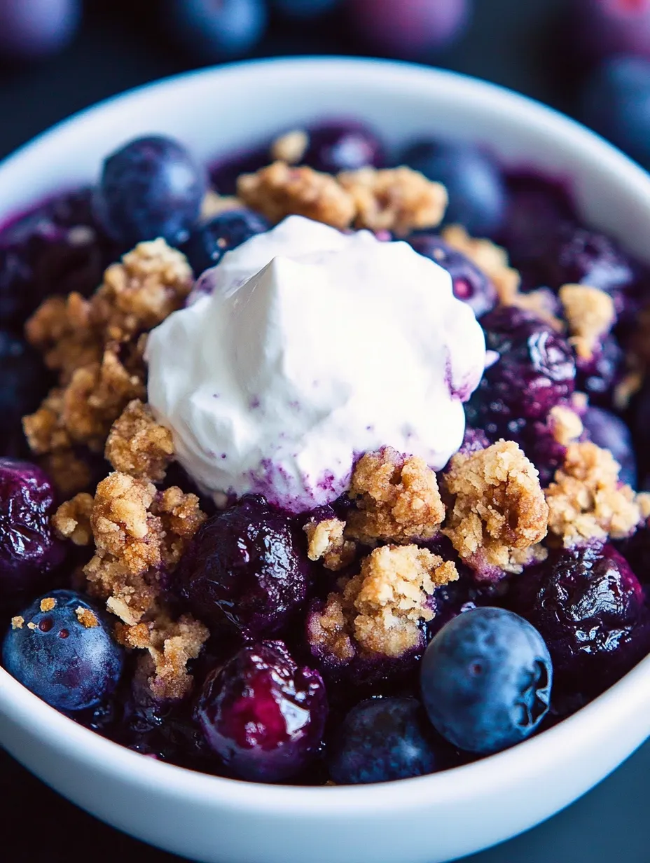 A bowl of blueberry crisp with a dollop of whipped cream on top.
