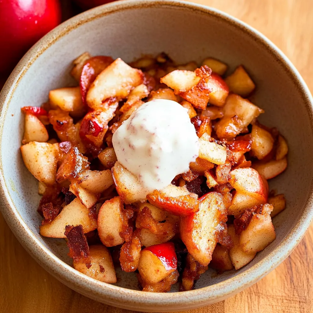 A bowl of apples with a dollop of cream on top.