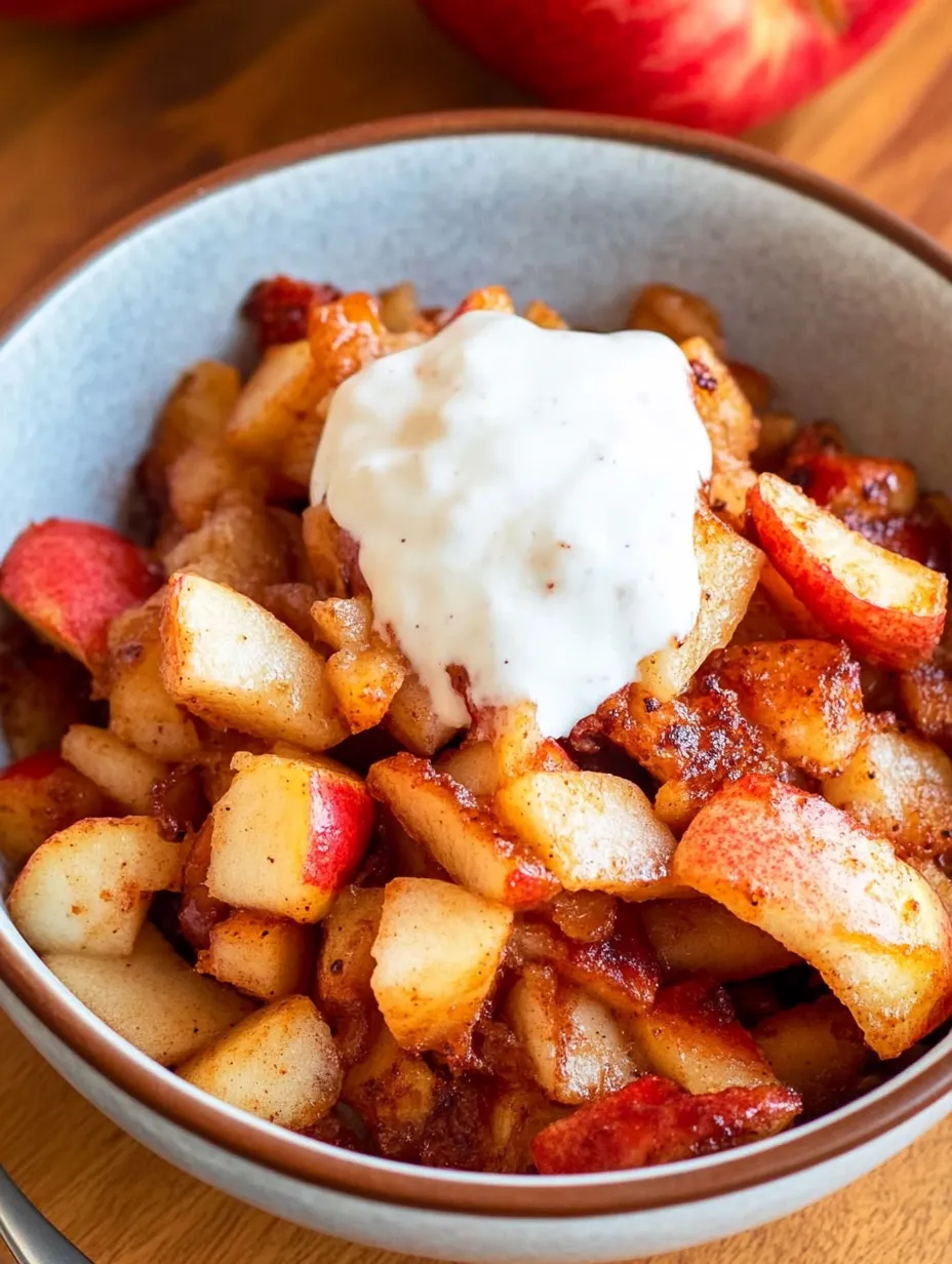 A bowl of apples with a dollop of sour cream on top.