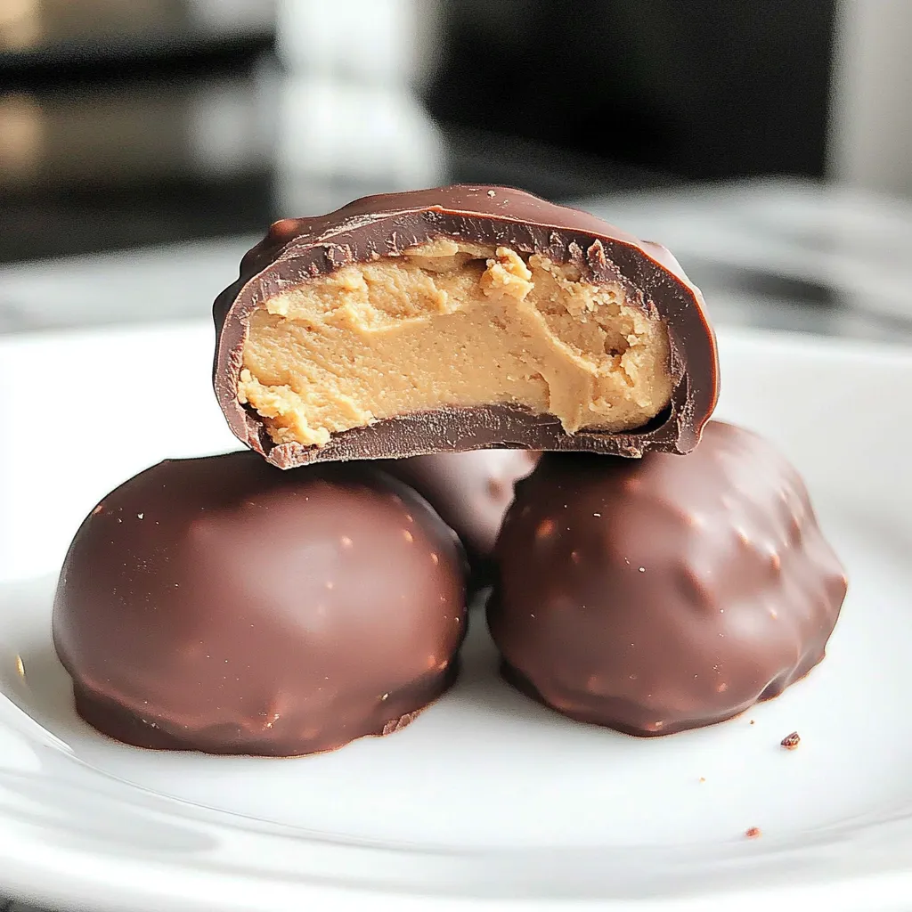 A plate with three chocolate peanut butter eggs.