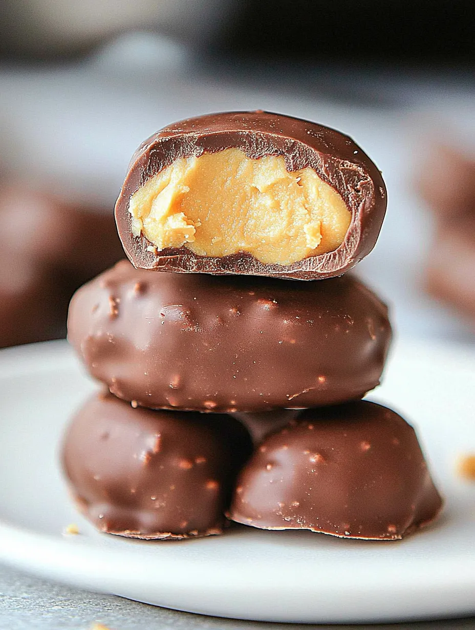 Chocolate peanut butter eggs stacked on a plate.