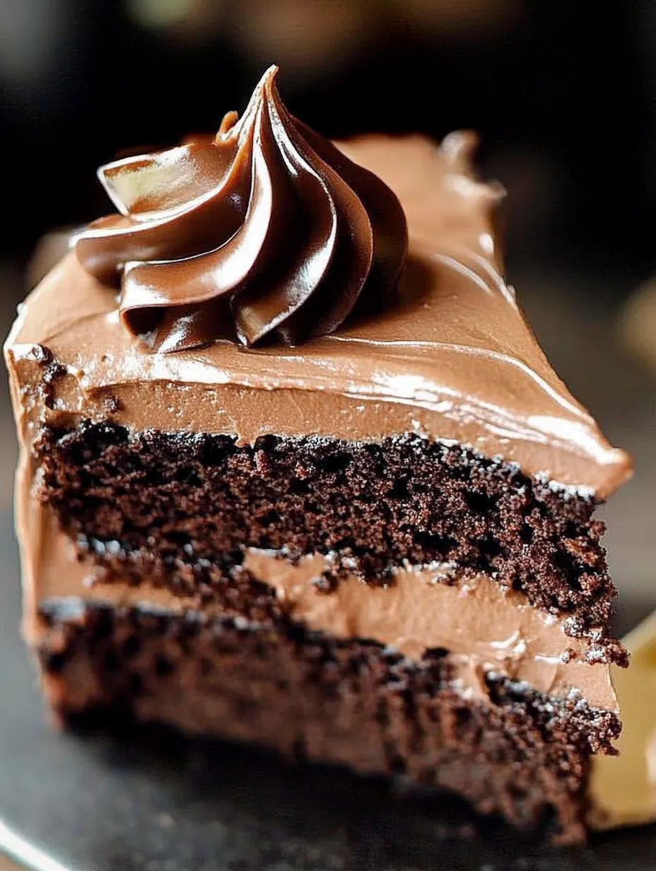 A slice of vegan chocolate cake with a dollop of chocolate frosting.
