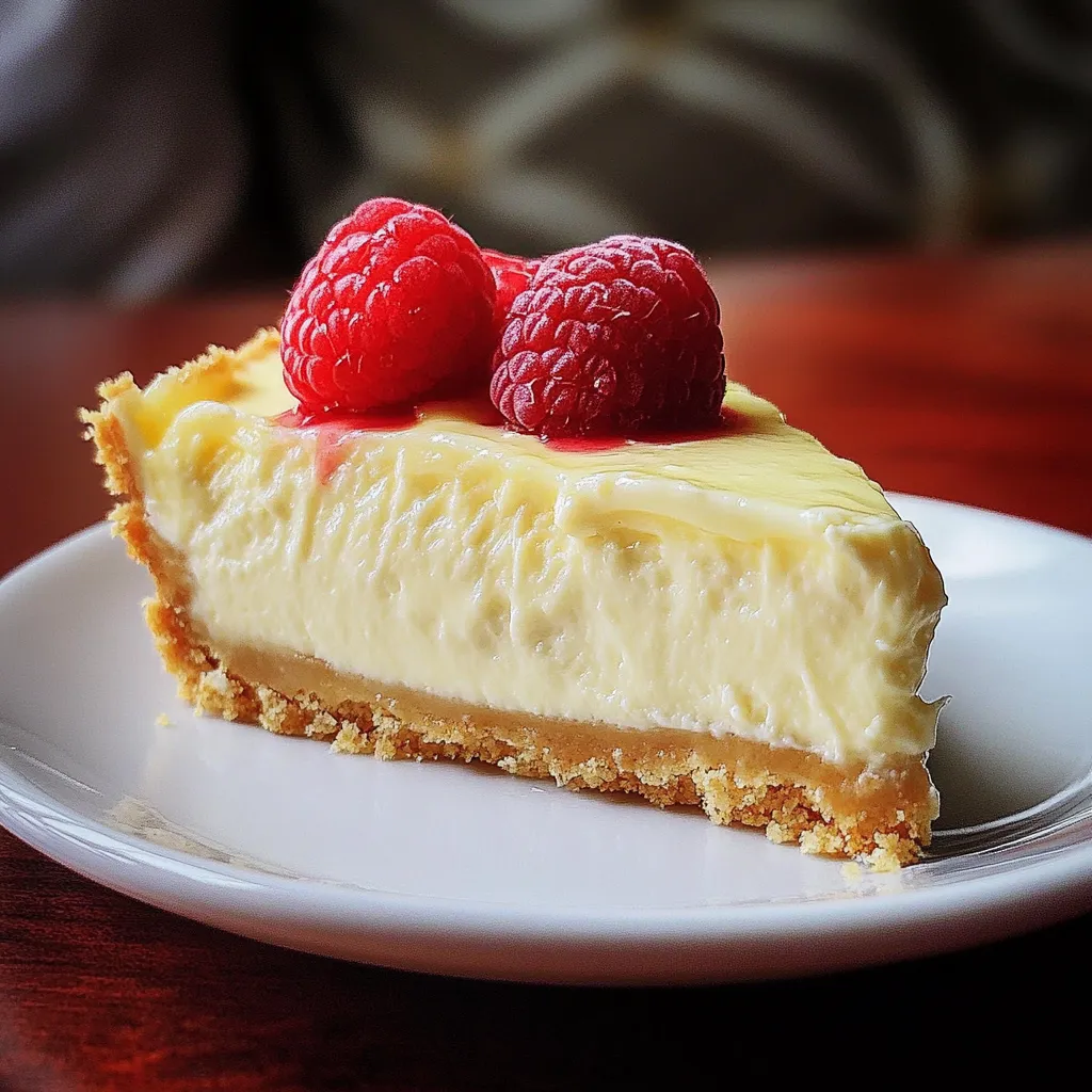 A slice of cheesecake with raspberries on top.