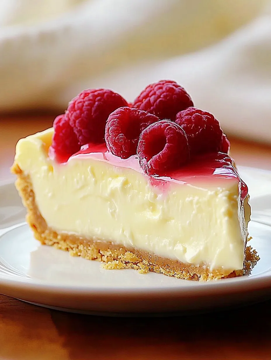 A slice of Greek yogurt cheesecake with raspberries on top.