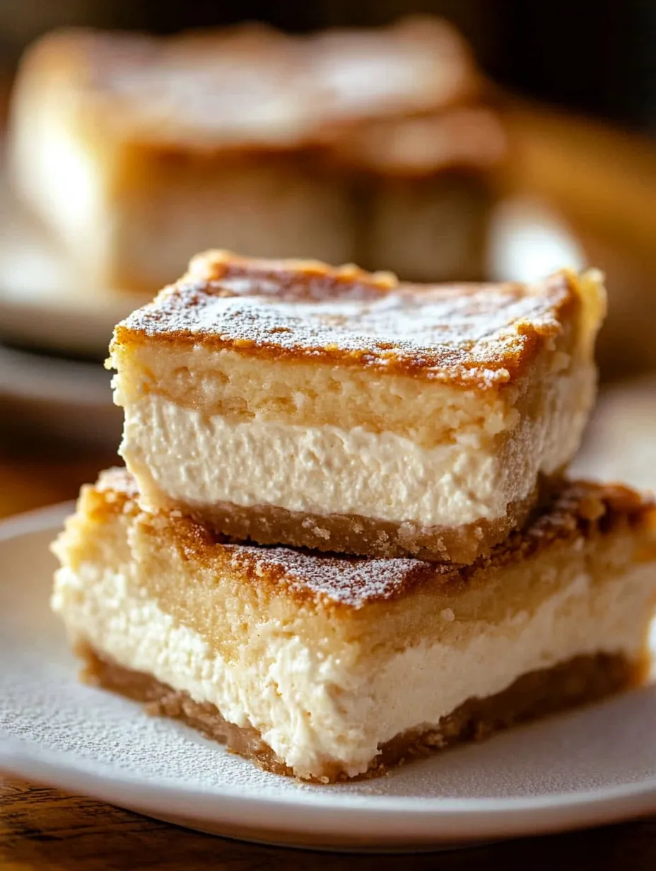 A stack of three bars of cheesecake.