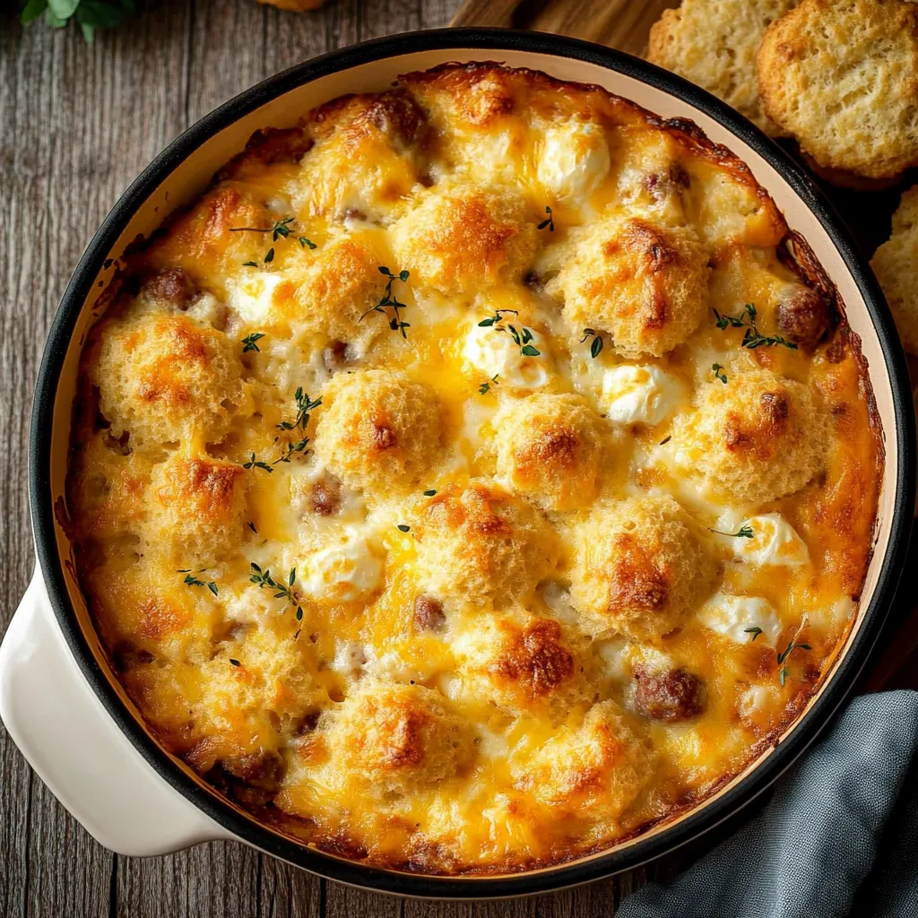 A casserole with cheese, sausage, and eggs.