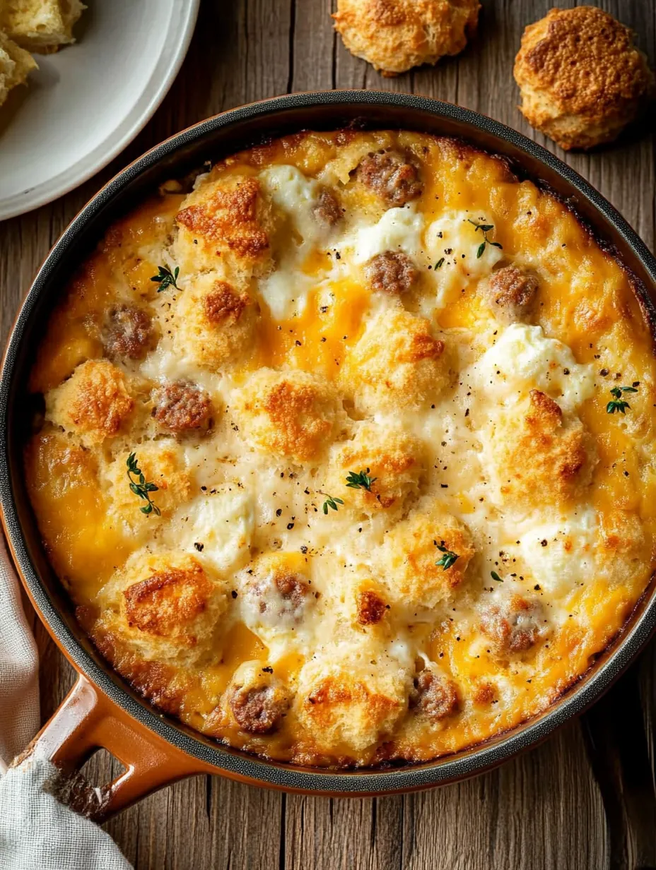 A delicious looking casserole with cheese and sausage.