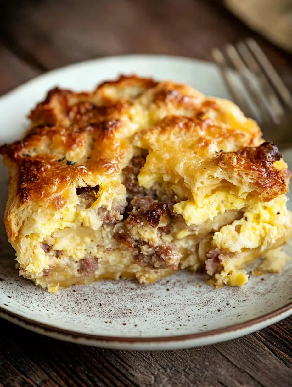 A slice of cheesy sausage and egg casserole with biscuits.