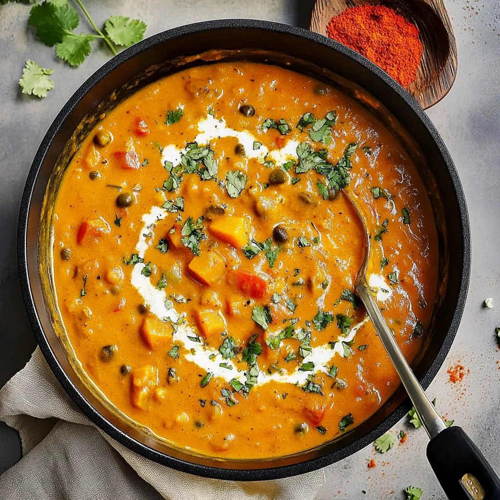 A bowl of soup with a spoon in it.