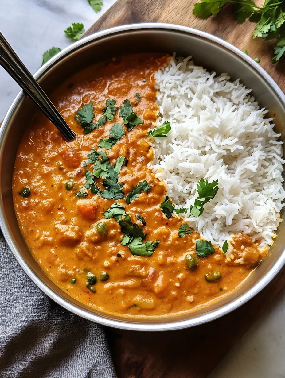 A bowl of curry with rice and peas.