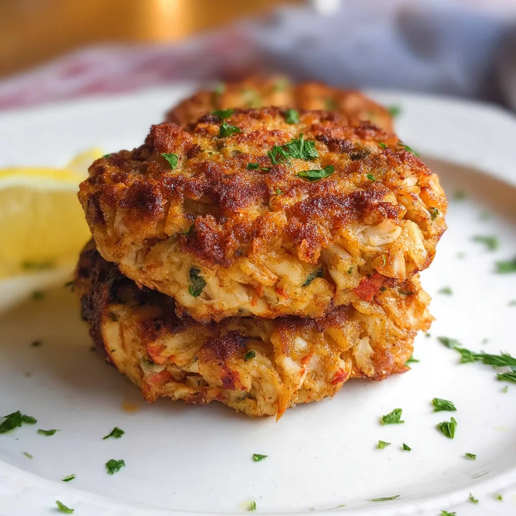 A plate of crab cakes with lemon wedges on the side.