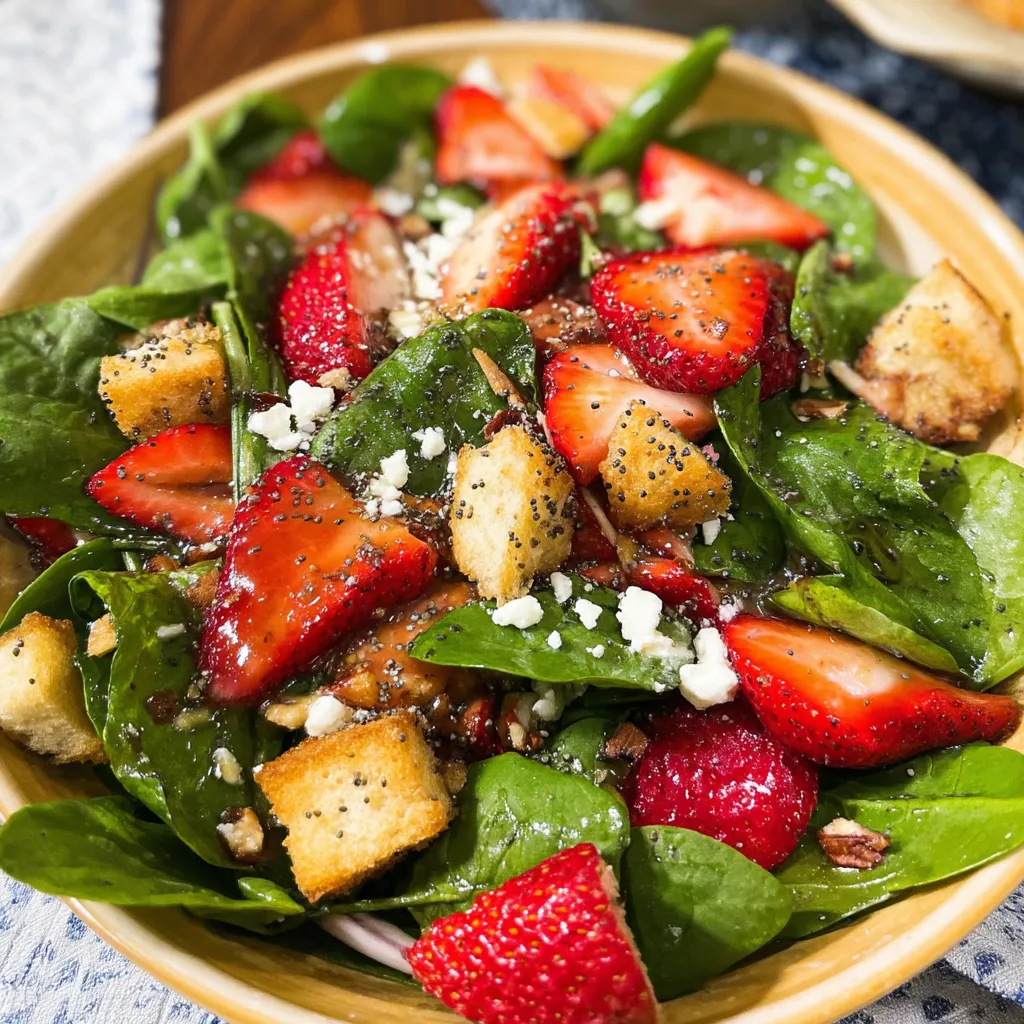 A bowl of salad with strawberries and spinach.