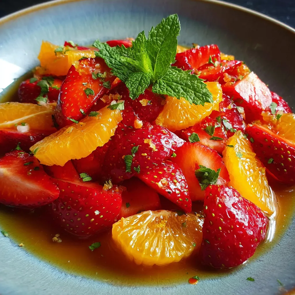 A bowl of fruit salad with strawberries and oranges.