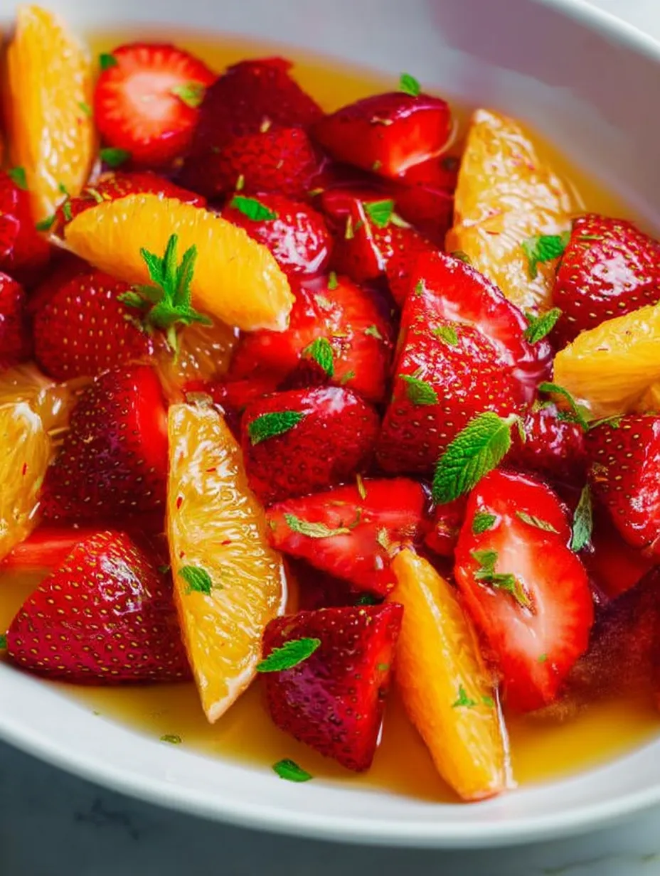 A bowl of fruit salad with strawberries and oranges.