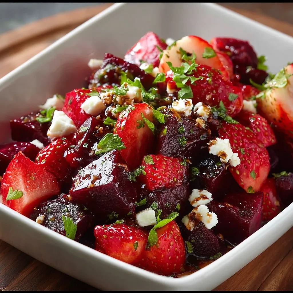 A white bowl filled with a strawberry and beet salad.