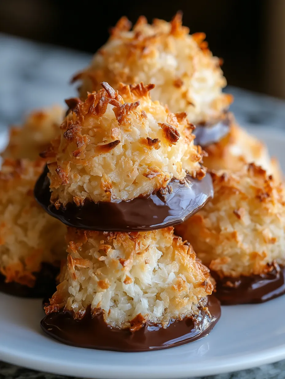 A stack of coconut macaroons with chocolate drizzled on top.
