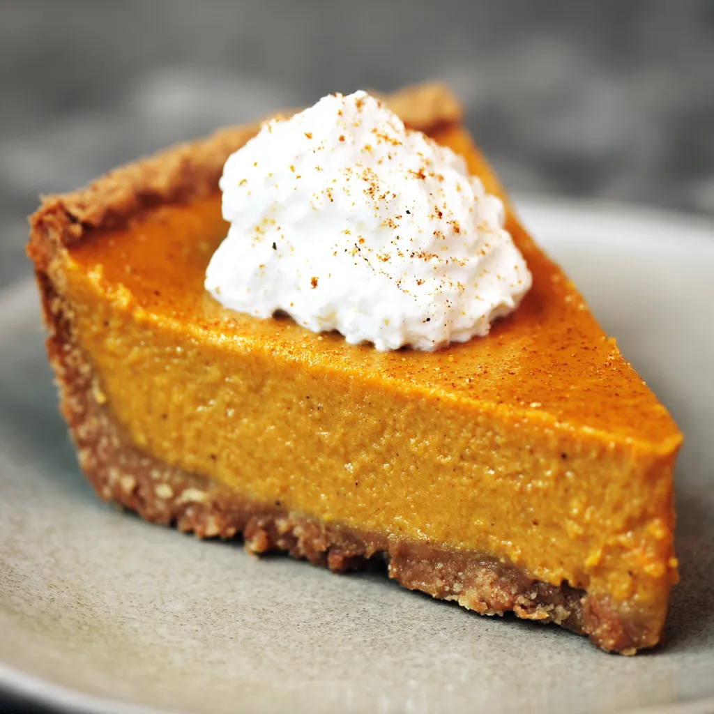 A slice of pumpkin pie with whipped cream on top.