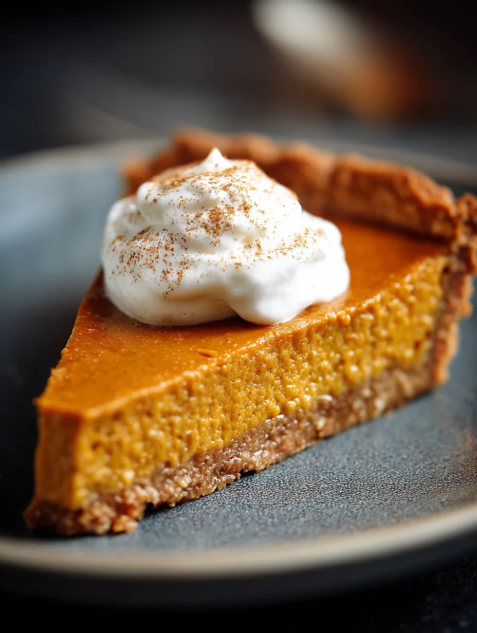 A slice of pumpkin pie with whipped cream on top.