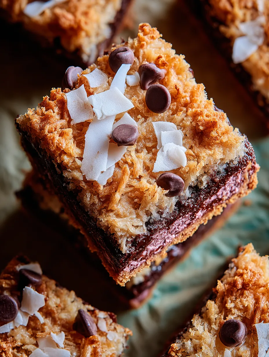 A close up of a chocolate and coconut Magic Cookie Bar.