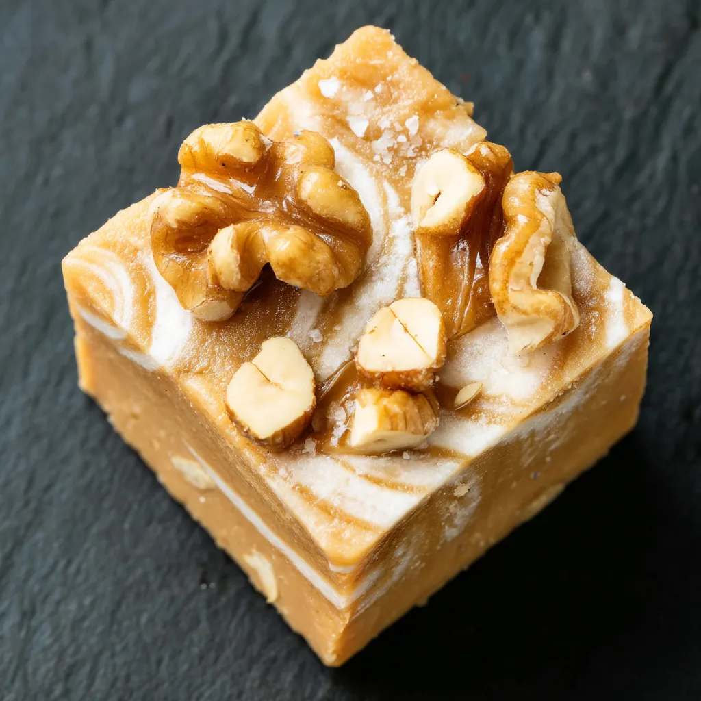 A square of maple fudge with nuts on top.
