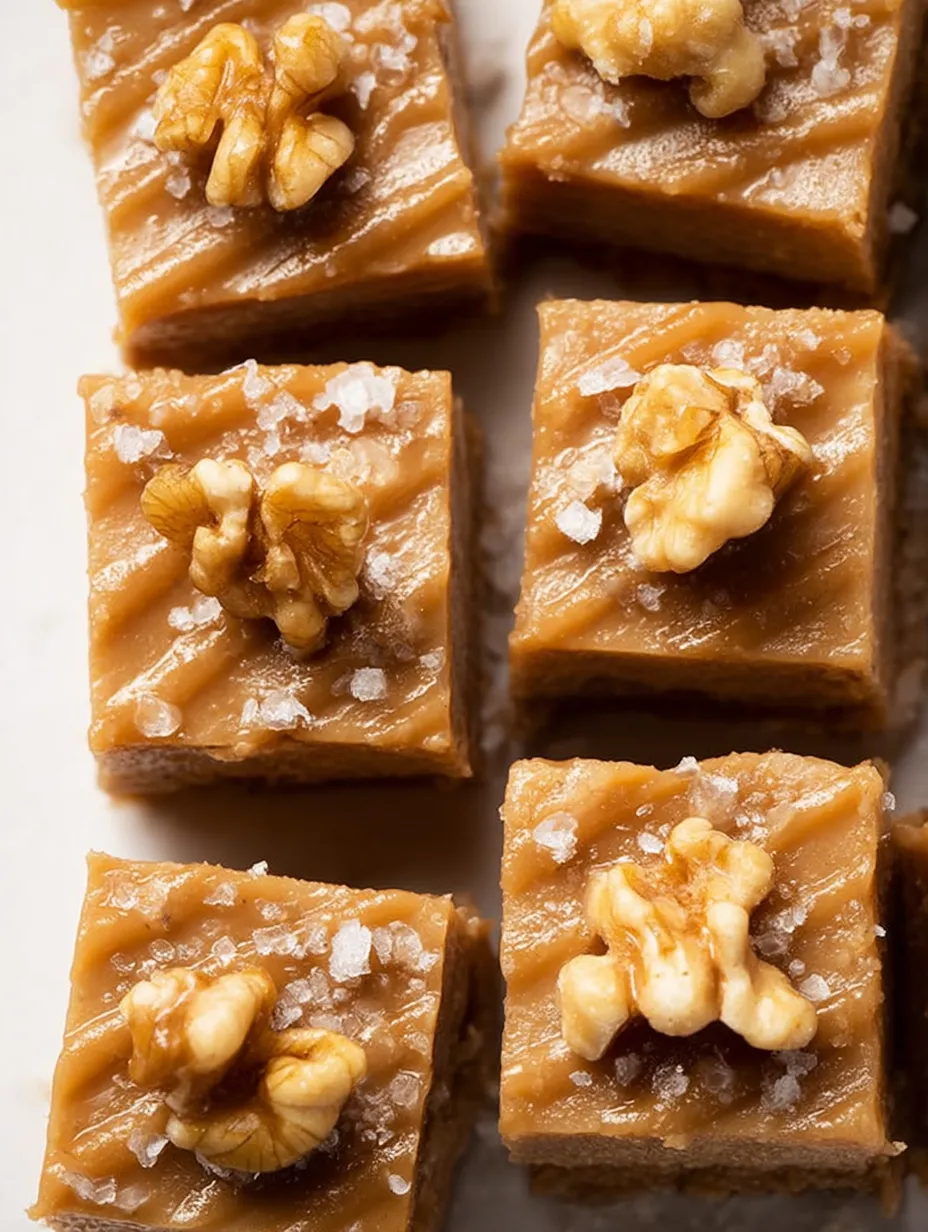 Maple fudge squares with nuts on top.