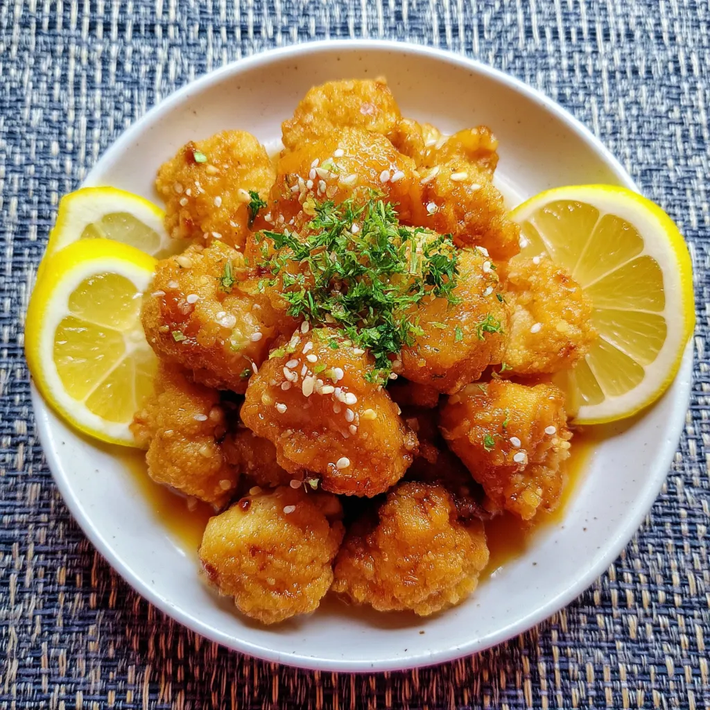 A plate of food with lemon wedges on top.