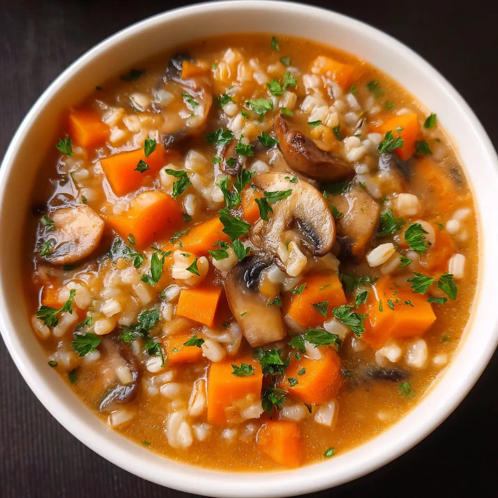 A bowl of mushroom barley soup.