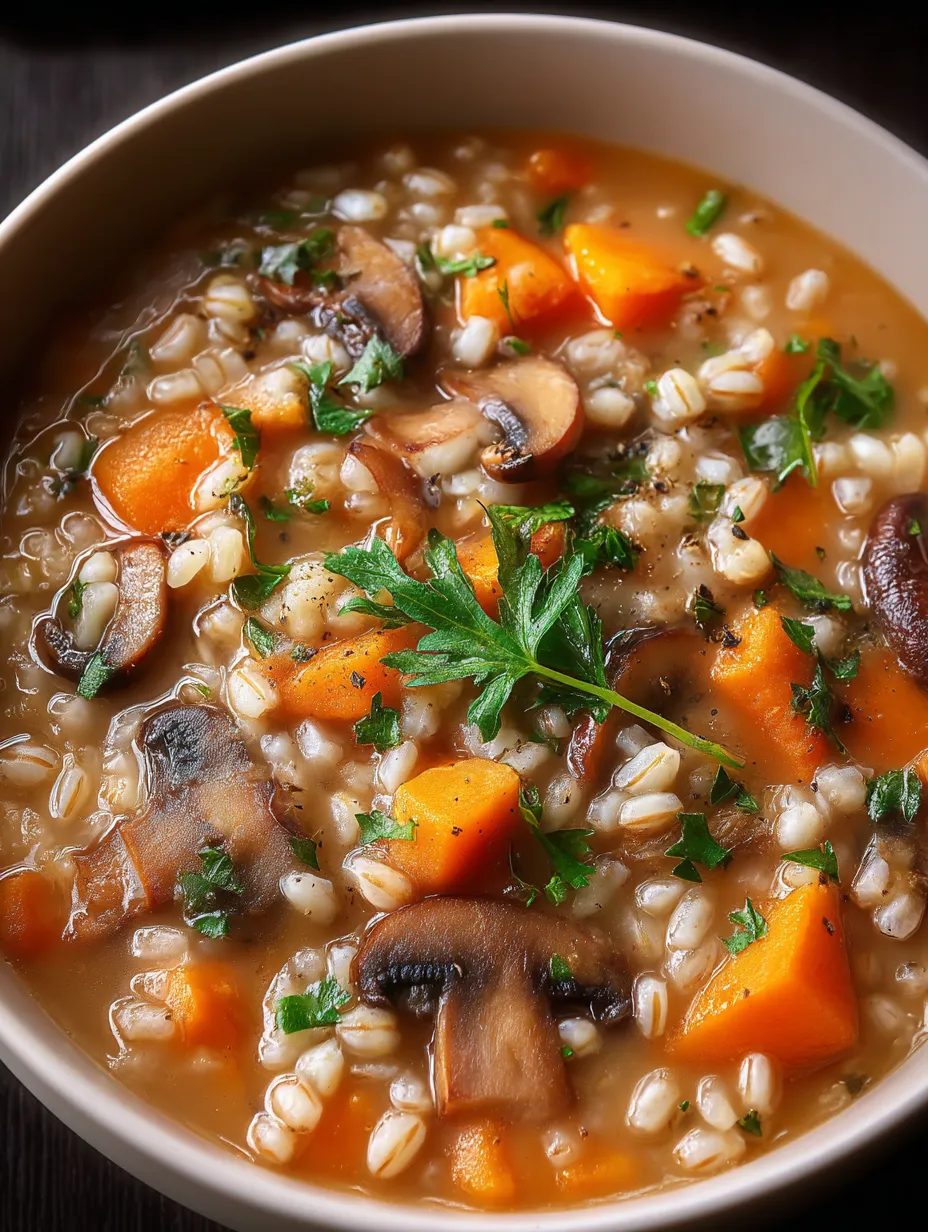 A bowl of soup with mushrooms and barley.