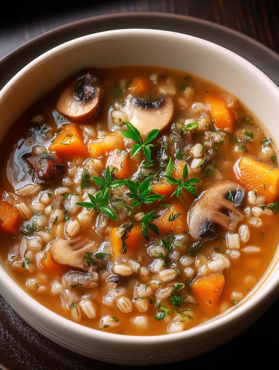 A bowl of mushroom barley soup.