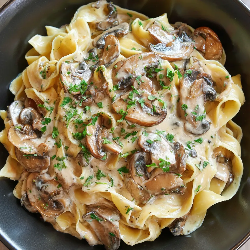 A bowl of mushroom stroganoff.