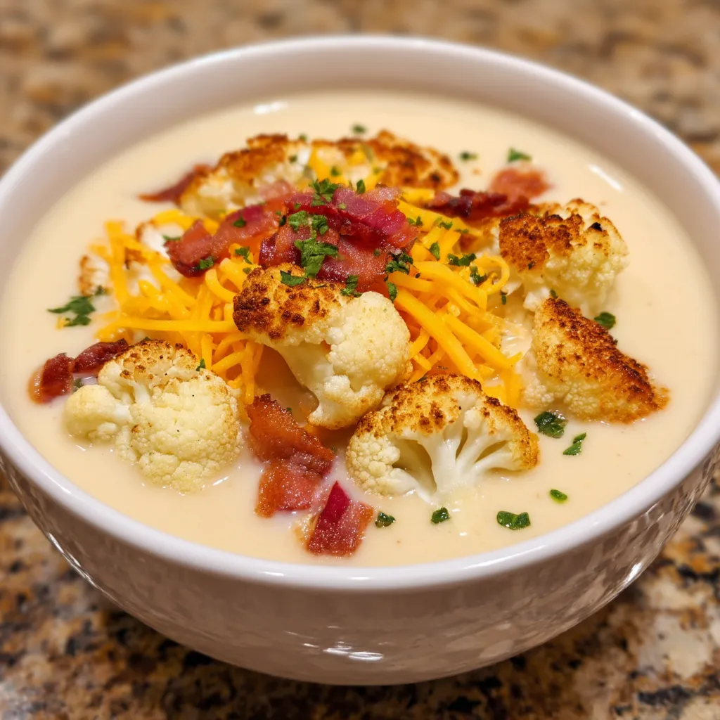 A bowl of soup with bacon and cheese.