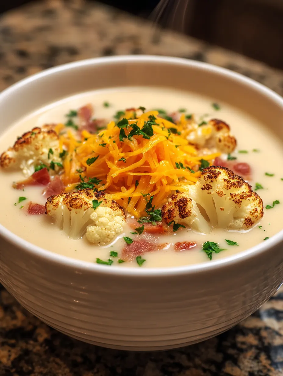A bowl of soup with cauliflower and cheese.