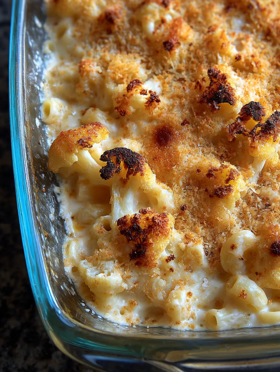 A close up of a dish of cauliflower mac and cheese.