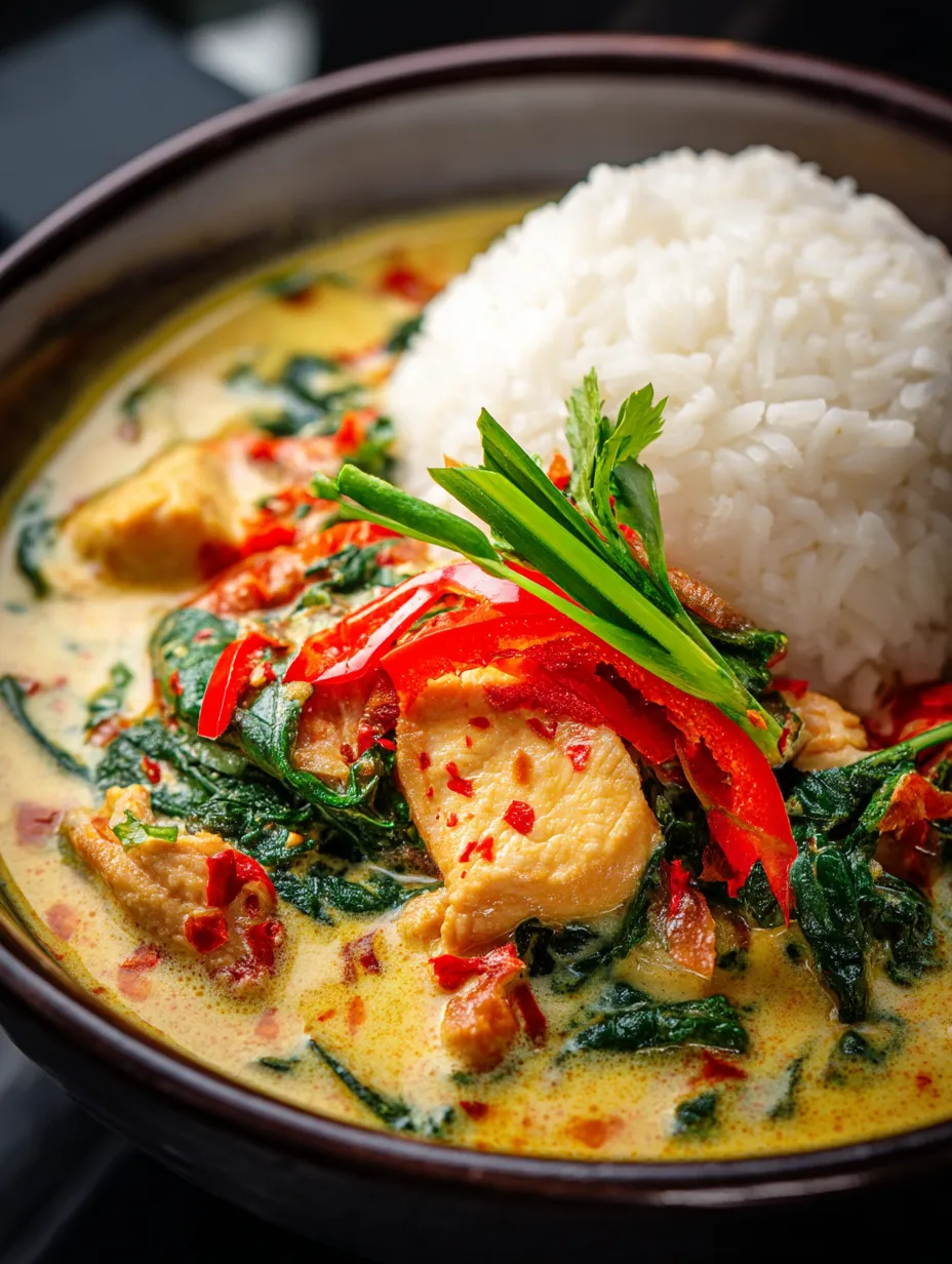 A bowl of coconut curry with rice and greens.