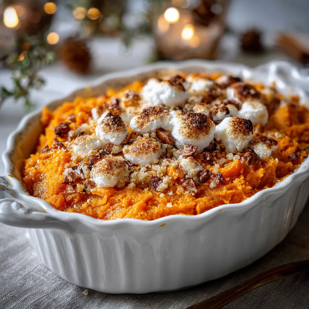 A white bowl filled with a sweet potato casserole.