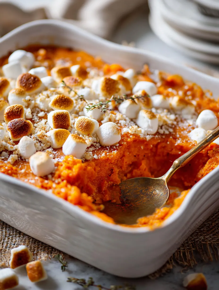 A close up of a sweet potato casserole with marshmallows on top.