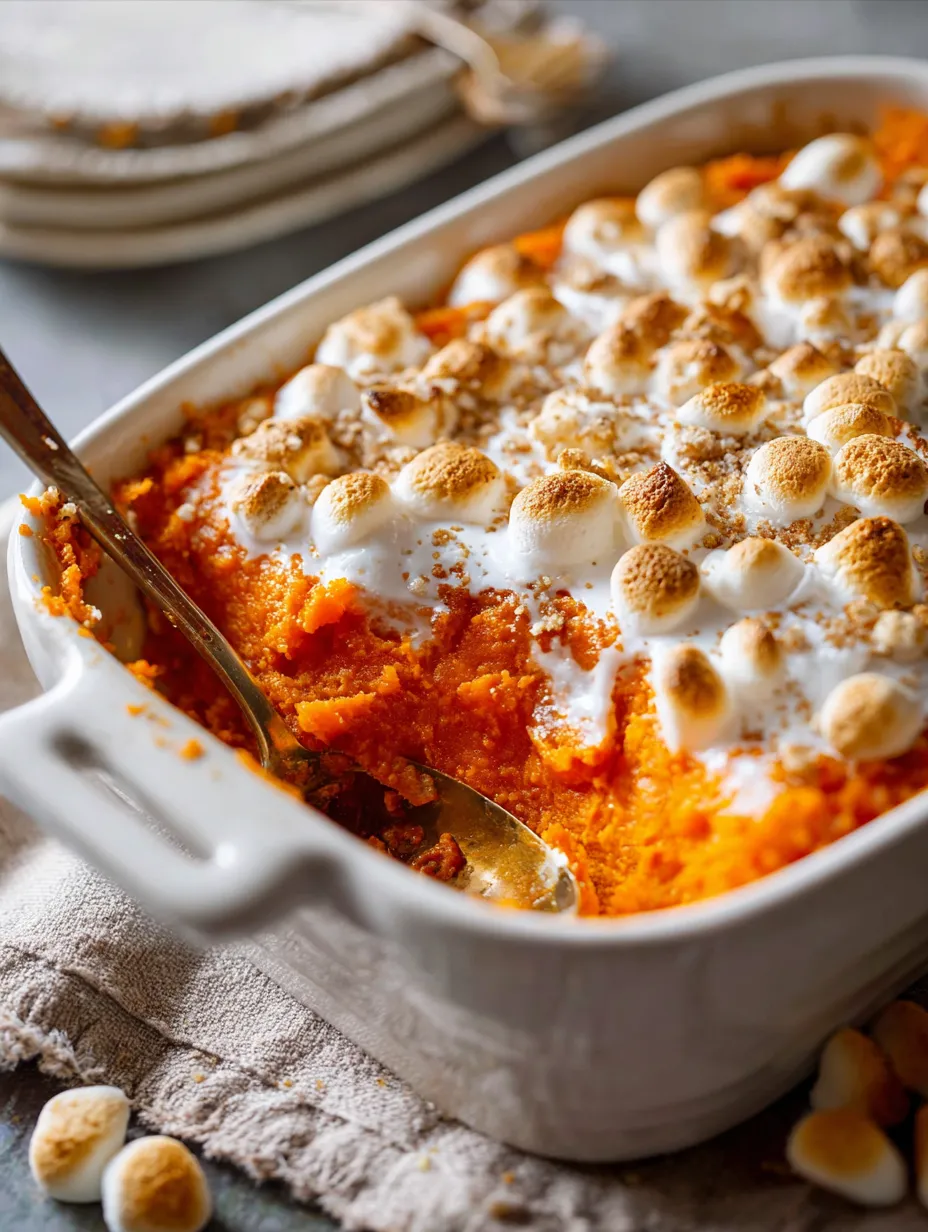 A close up of a vegan sweet potato casserole.
