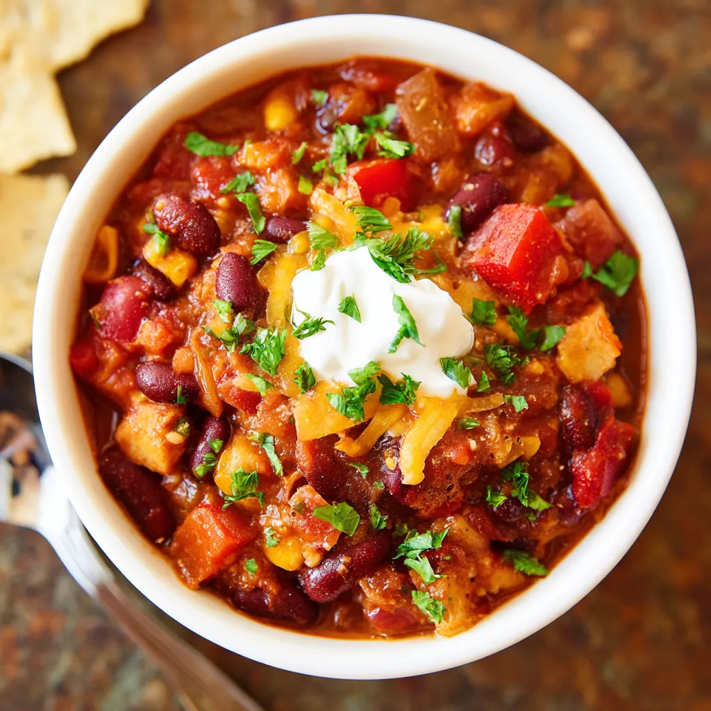 A bowl of chili with a spoon in it.