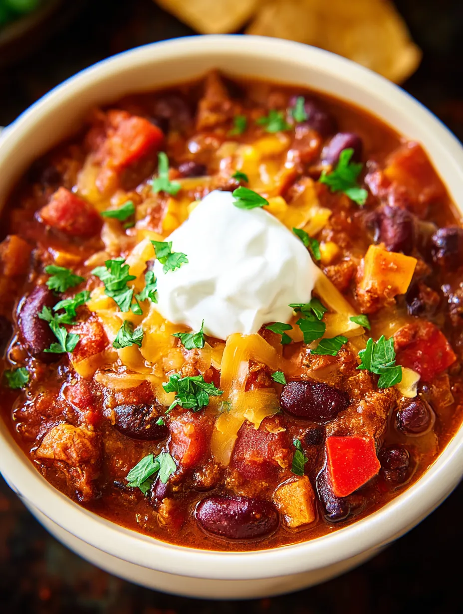 A bowl of chili with a dollop of sour cream on top.