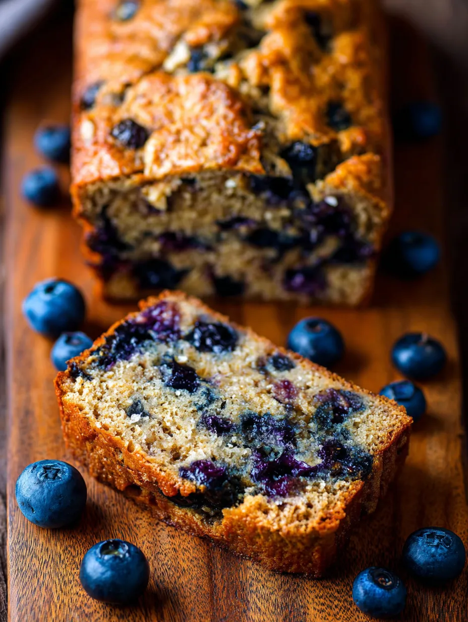 A slice of blueberry banana bread on a wooden cutting board.
