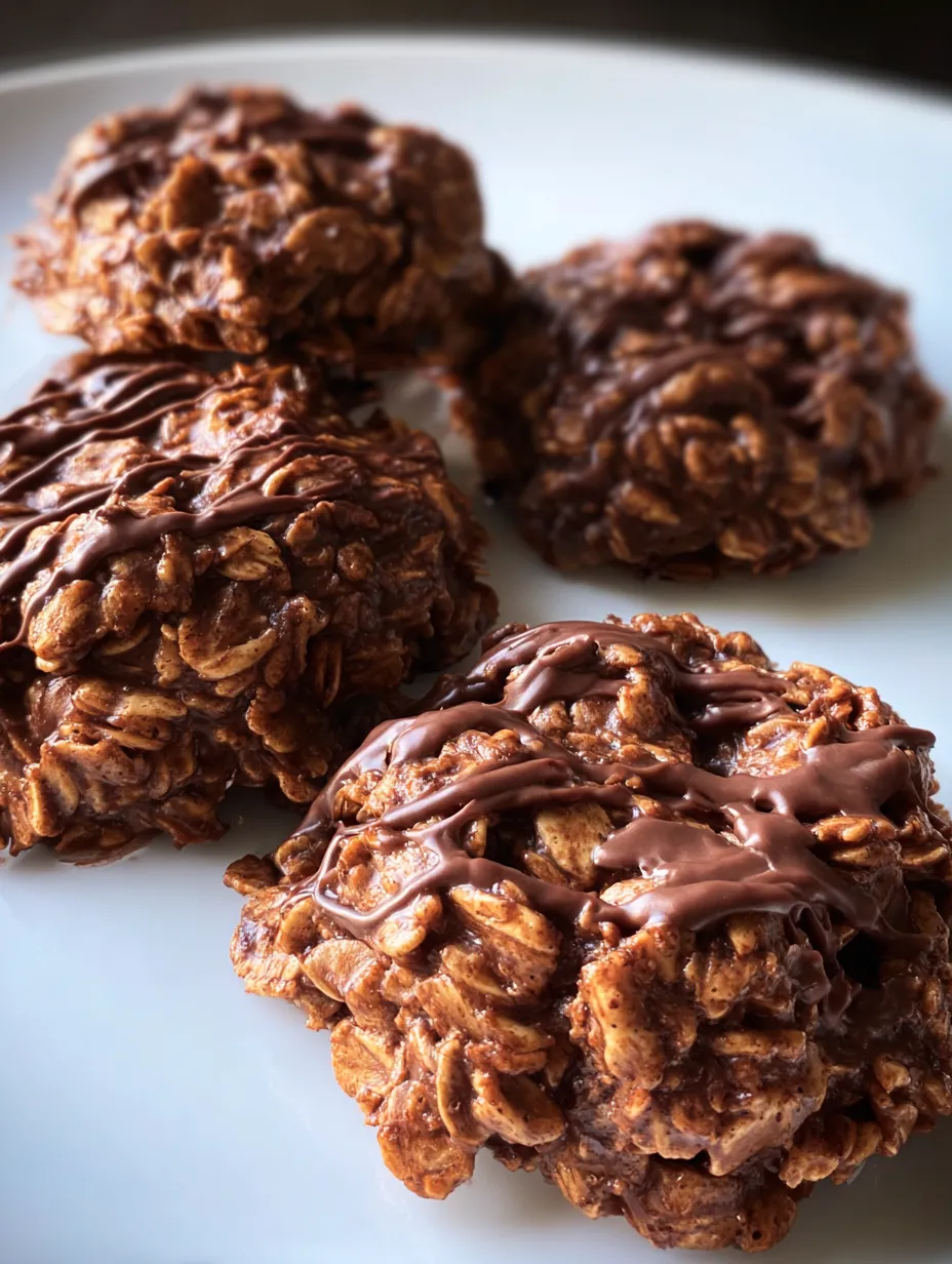 Three chocolate no bake cookies on a white plate.