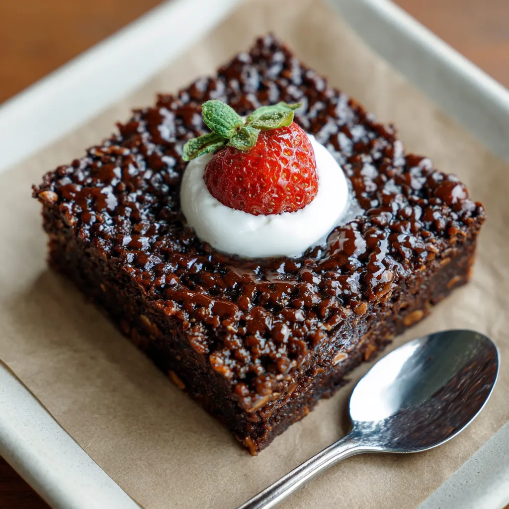 A close up of a brownie with a strawberry on top.