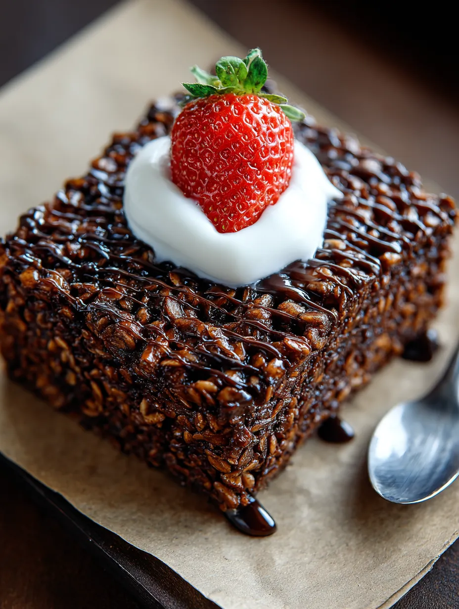 A slice of brownie baked oatmeal with a strawberry on top.