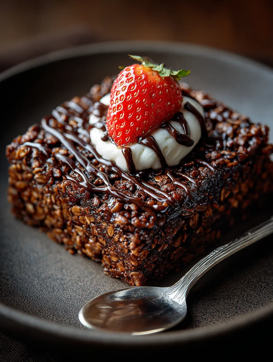 A slice of brownie baked oatmeal with a strawberry on top.