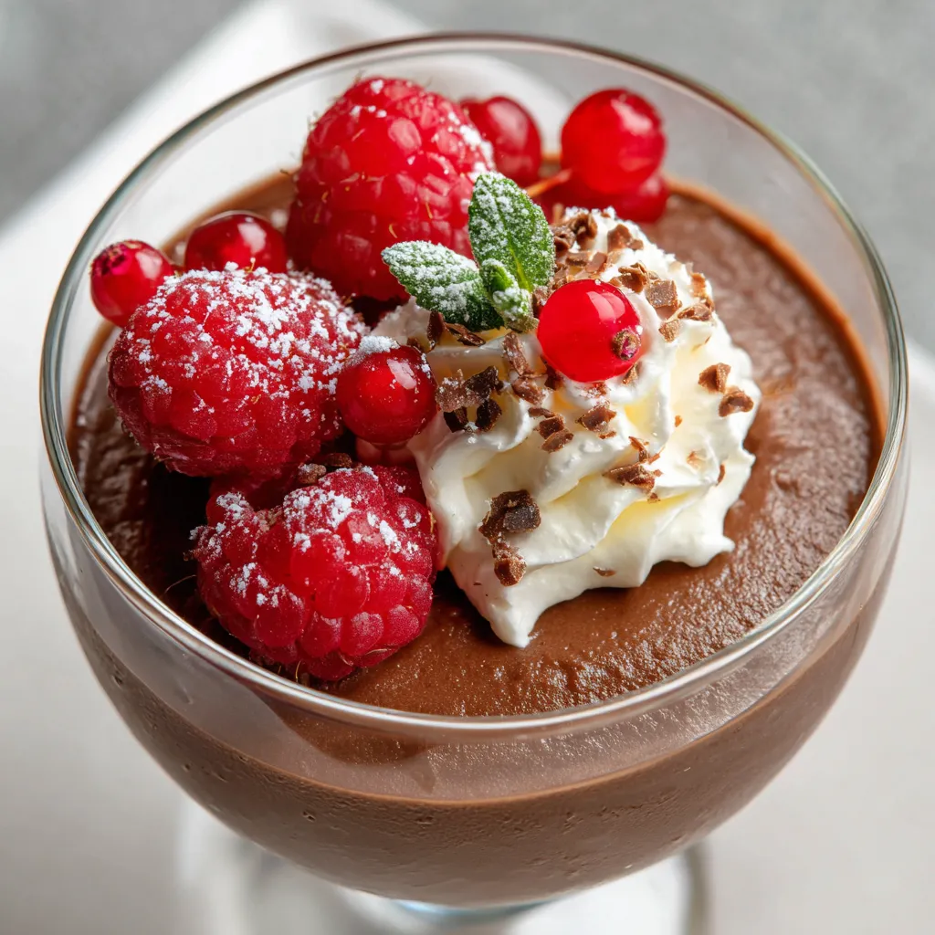A glass of chocolate pudding with raspberries and whipped cream.