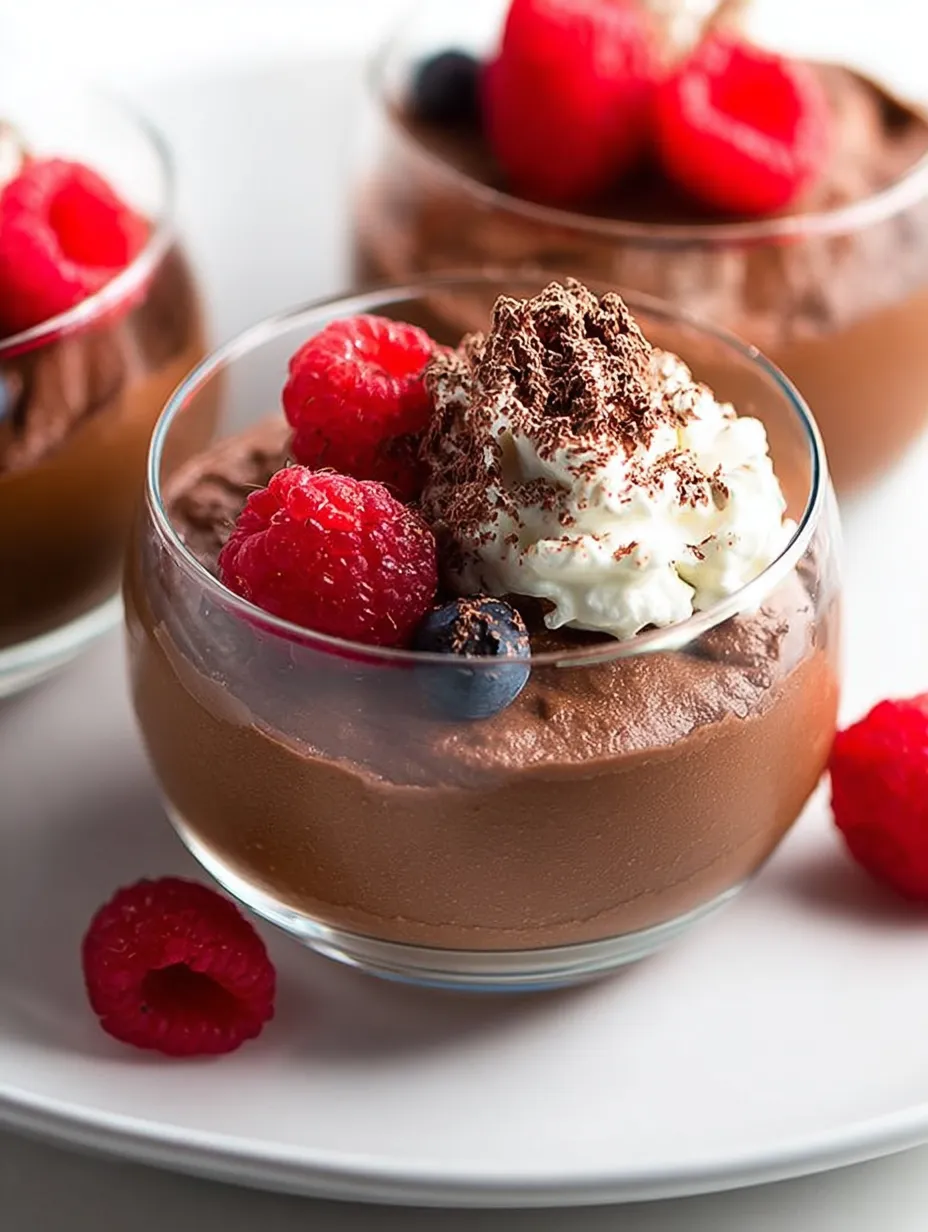 A glass of chocolate pudding with raspberries on top.